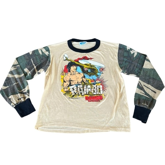 VTG 80s Rambo First Blood Part II Top Camo Sleeves Sly Stallone Youth 16 Thin - Picture 3 of 15